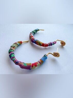 Colorful Fabric-Wrapped Hoop Earrings with Gold Spiral Studs